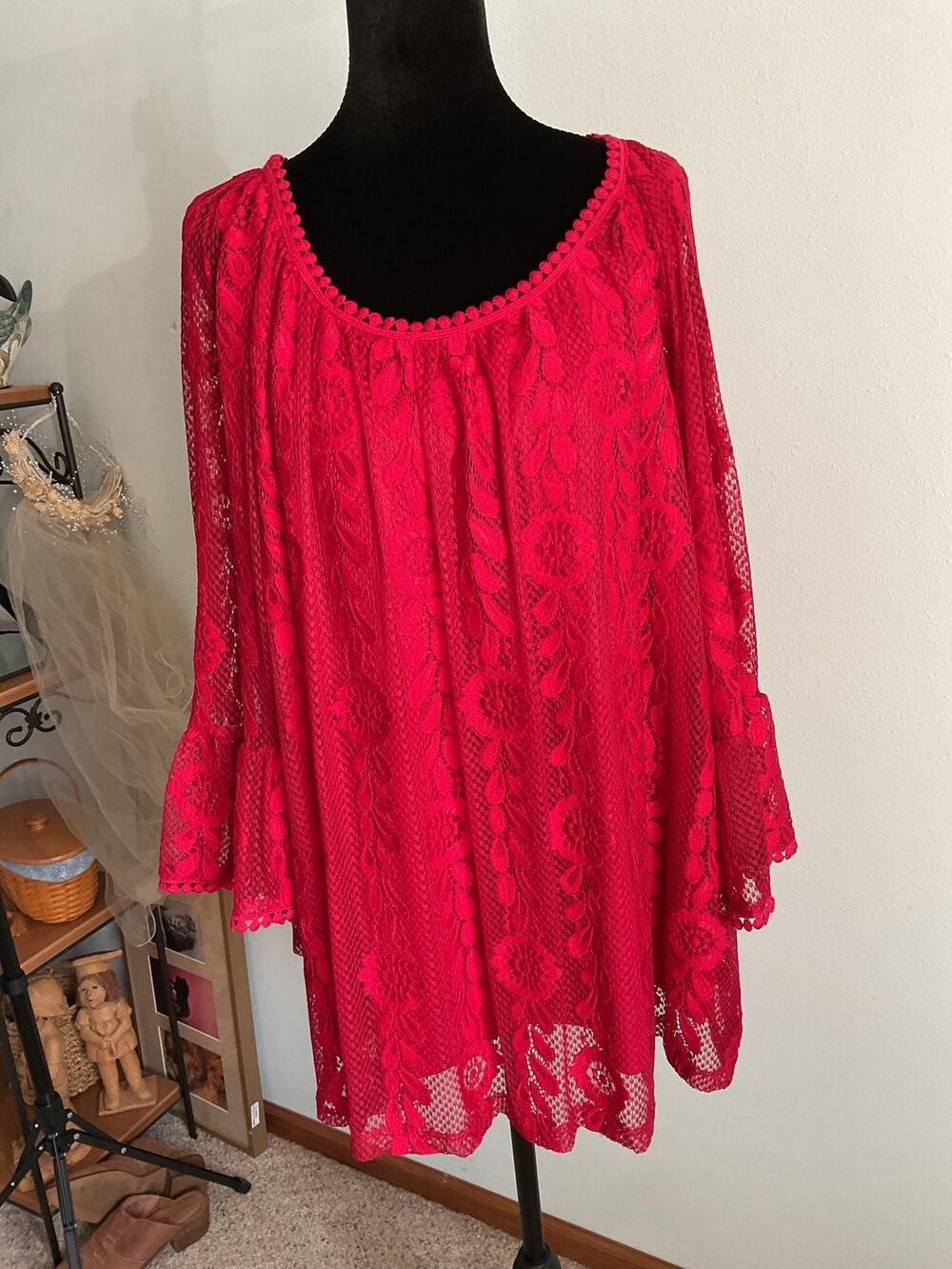 Liz Claiborne Career Red Lace Blouse Flutter Sleeve Office Top Shirt Plus 2X